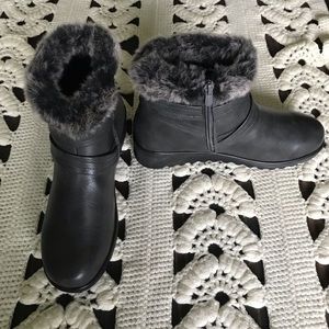 NWOT Ankle Boots Faux Fur Stone Gray Black Buckle Wrap Zipper Closure